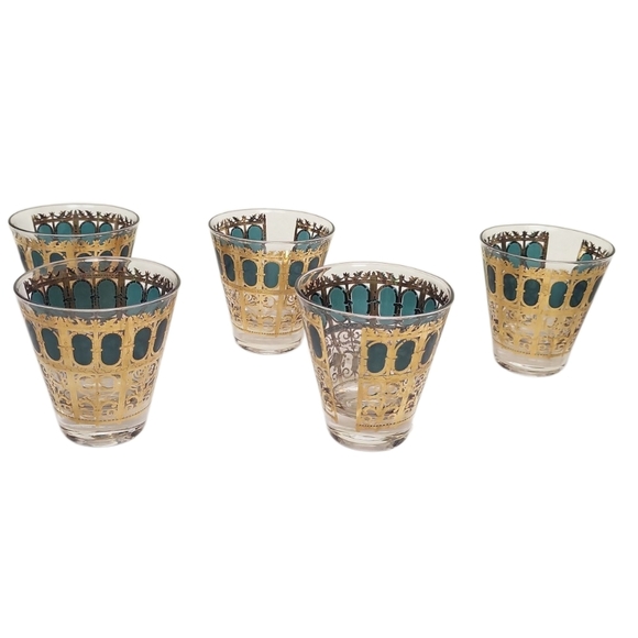 Sold Barware Emerald Scroll Double Old Fashioned Glasses Set of 6 Mid Century - Picture 1 of 4